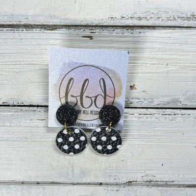 LUNA -  Leather Earrings ON POST  ||  BLACK GLITTER (ON CORK), <BR>  BLACK WITH WHITE POLKADOTS