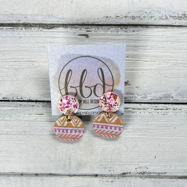 LUNA -  Leather Earrings ON POST  ||  TAFFY PINK GLITTER (ON CORK), <BR>  ORANGE & PINK AZTEC PRINT ON CORK