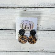 LUNA -  Leather Earrings ON POST  ||  BLACK GLITTER (ON CORK), <BR>  LEOPARD PRINT