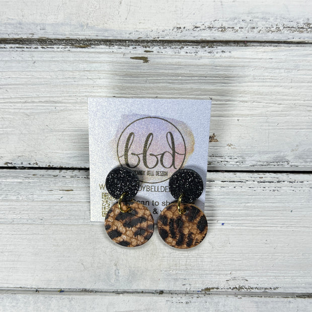 LUNA -  Leather Earrings ON POST  ||  BLACK GLITTER (ON CORK), <BR>  LEOPARD PRINT