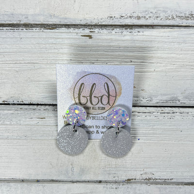 LUNA -  Leather Earrings ON POST  ||  IRIDESCENT WHITE GLITTER (ON CORK), <BR>  SHIMMER SILVER