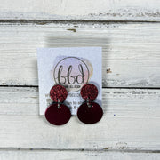 LUNA -  Leather Earrings ON POST  ||  RED GLITTER (ON CORK), <BR>  METALLIC CRANBERRY SMOOTH