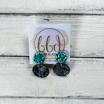 LUNA -  Leather Earrings ON POST  ||  AQUA CHUNKY GLITTER (ON CORK), <BR>  IRIDESCENT NORTHERN LIGHTS