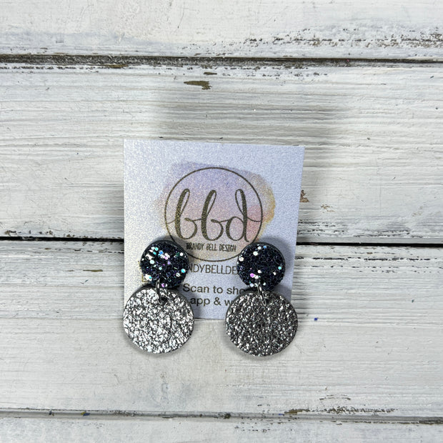 LUNA -  Leather Earrings ON POST  ||  BEJEWELED CHUNKY GLITTER (ON CORK), <BR>  IRIDESCENT SILVER CRACKLE
