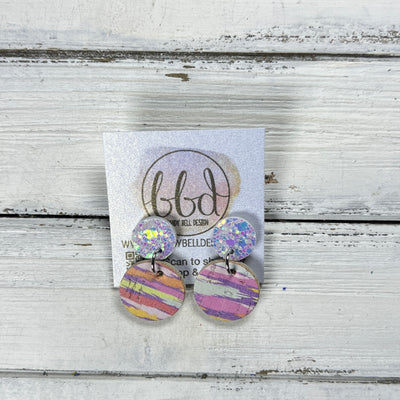 LUNA -  Leather Earrings ON POST  ||  IRIDESCENT WHITE GLITTER (ON CORK), <BR>  PURPLE MULTICOLOR BRUSHSTROKES