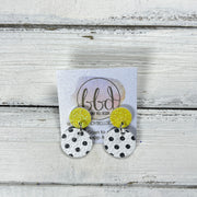 LUNA -  Leather Earrings ON POST  ||  NEON YELLOW GLITTER (ON CORK), <BR> WHITE WITH BLACK POLKADOTS