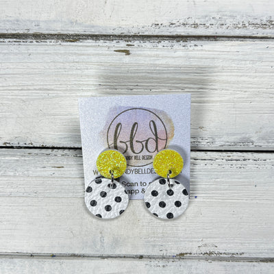 LUNA -  Leather Earrings ON POST  ||  NEON YELLOW GLITTER (ON CORK), <BR> WHITE WITH BLACK POLKADOTS