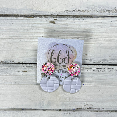 LUNA -  Leather Earrings ON POST  ||  TAFFY PINK GLITTER (ON CORK), <BR>  WHITE BASKETWEAVE