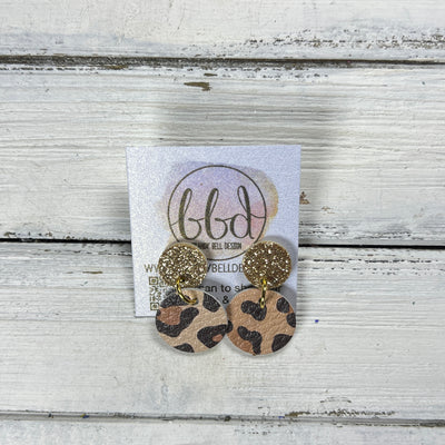 LUNA -  Leather Earrings ON POST  ||  GOLD FINE GLITTER (ON CORK), <BR> CARAMEL CHEETAH