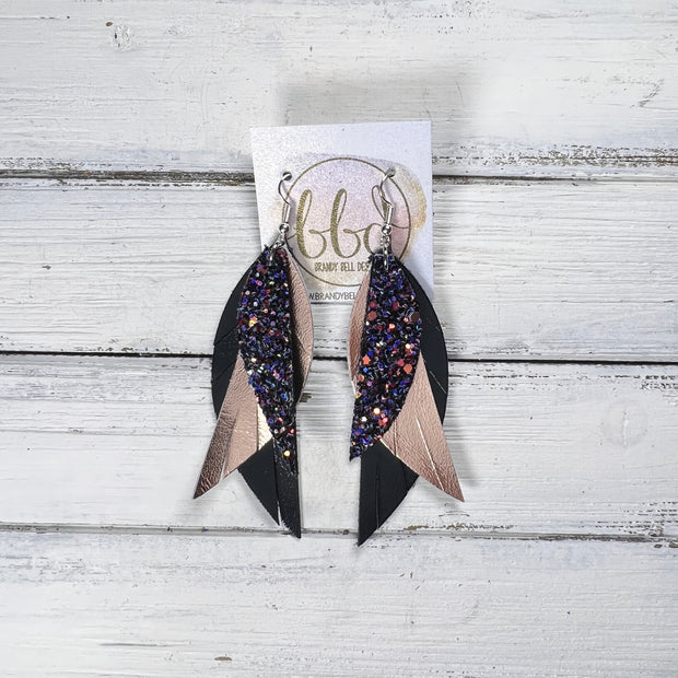 ANDY -  Leather Earrings  ||  <BR> CITY LIGHTS GLITTER (FAUX LEATHER), <BR> METALLIC ROSE GOLD SMOOTH, <BR> METALLIC BLACK SMOOTH