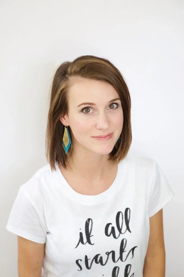 COLLEEN -  Leather Earrings  ||    <BR> OCEAN GLITTER (FAUX LEATHER), <BR> METALLIC GOLD PANAMA WEAVE, <BR> AQUA WITH GOLD POLKADOTS