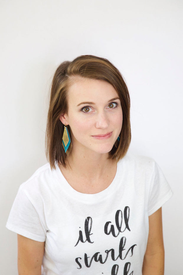 COLLEEN -  Leather Earrings  ||   <BR> JADE GLITTER (FAUX LEATHER), <BR> MATTE TEAL SMOOTH, <BR> AQUA RIVIERA