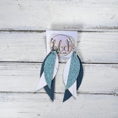 ANDY -  Leather Earrings ON POST  ||  SPARKLE AQUA, <BR>  MATTE WHITE, <BR> MATTE DARK TEAL