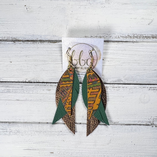 ANDY -  Leather Earrings  ||  <BR> MUSTARD AZTEC, <BR> MATTE EMERALD GREEN, <BR> METALLIC BROWN PEBBLED