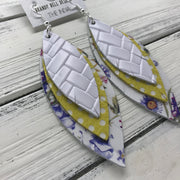 INDIA - Leather Earrings  ||   <BR> WHITE BASKETWEAVE  <BR> YELLOW WITH WHITE POLKADOTS <BR> PURPLE FLORAL ON WHITE