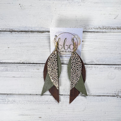 ANDY -  Leather Earrings  ||  <BR> METALLIC ROSE GOLD DRIPS, <BR> PEARLIZED OLIVE GREEN, <BR> DISTRESSED BROWN