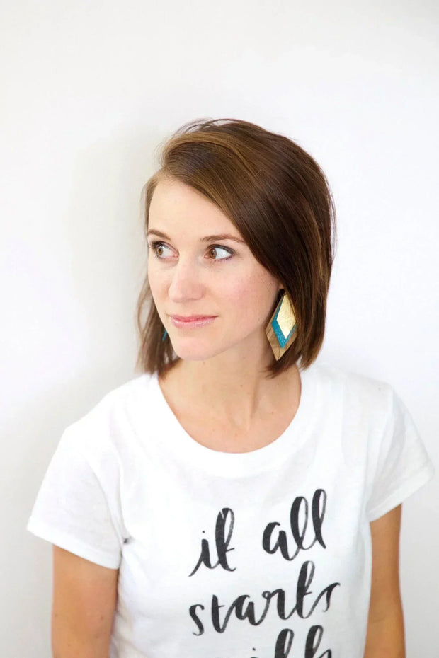 COLLEEN -  Leather Earrings  ||    <BR> OCEAN GLITTER (FAUX LEATHER), <BR> METALLIC GOLD PANAMA WEAVE, <BR> AQUA WITH GOLD POLKADOTS