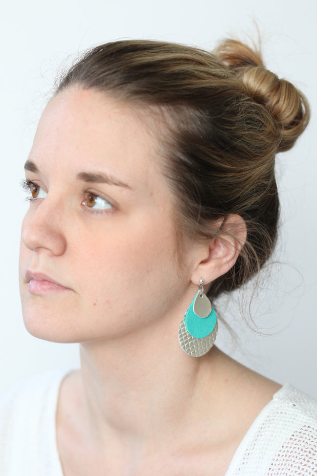 LINDSEY - Leather Earrings  ||   <BR>  TIE DYE ON AQUA, <BR> LAVENDER STRIPE TEXTURE,  <BR> AQUA BRAID