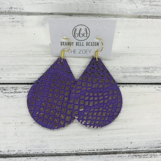 ZOEY (3 sizes available!) -  Leather Earrings  ||  METALLIC GOLD ON PURPLE