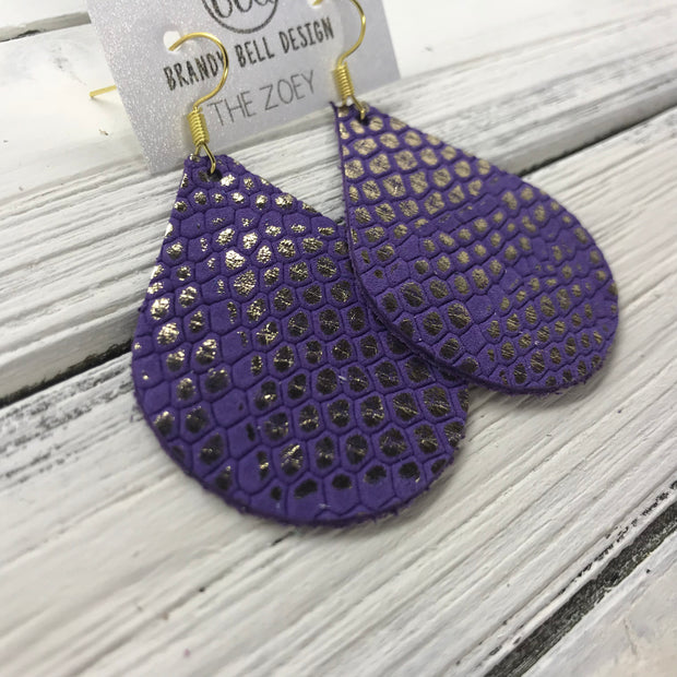 ZOEY (3 sizes available!) -  Leather Earrings  ||  METALLIC GOLD ON PURPLE