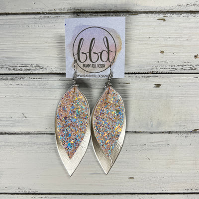 ALLIE -  Leather Earrings  ||   <BR> PEACHES N CREAM GLITTER (FAUX LEATHER), <BR> METALLIC CHAMPAGNE SMOOTH