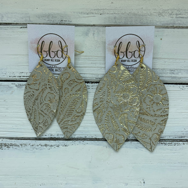 MAISY - Leather Earrings  ||  <BR> METALLIC CHAMPAGNE WESTERN FLORAL