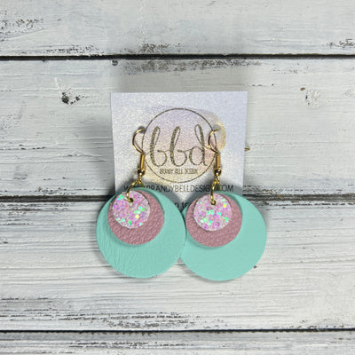 GRAY -  Leather Earrings  ||  <BR> COTTON CANDY GLITTER (FAUX LEATHER), <BR> MATTE LIGHT PINK, <BR> MATTE AQUA SMOOTH