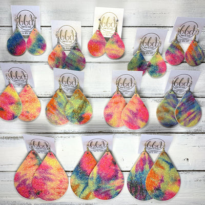 *MYSTERY* ZOEY (3 sizes available!) -  Leather Cork Earrings  ||   <br> You choose the SIZE, we choose the TIE DYE PRINT! <br> TIE DYE GLITTER on CORK (thick material!)