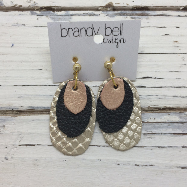 DIANE - Leather Earrings  || Pearlized Pink/Matte Black/Metallic Champagne Cobra