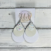 LINDSEY -  Leather Earrings  ||  <BR> CONFETTI CAKE GLITTER (FAUX LEATHER), <BR> PEARL WHITE, <BR> MATTE WHITE