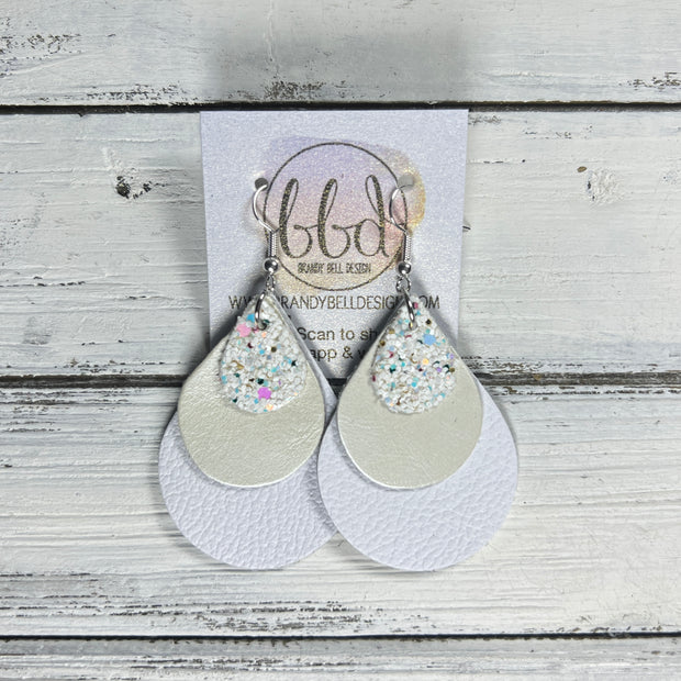 LINDSEY -  Leather Earrings  ||  <BR> CONFETTI CAKE GLITTER (FAUX LEATHER), <BR> PEARL WHITE, <BR> MATTE WHITE