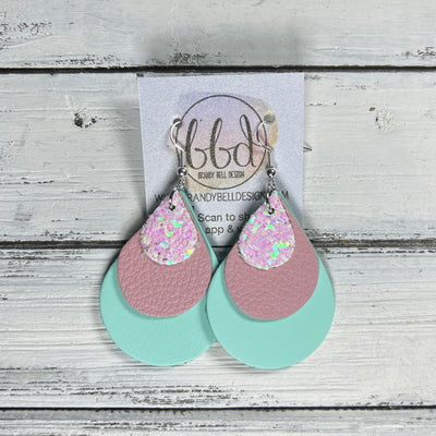 LINDSEY -  Leather Earrings  ||  <BR> COTTON CANDY GLITTER (FAUX LEATHER), <BR> MATTE LIGHT PINK, <BR> MATTE AQUA SMOOTH