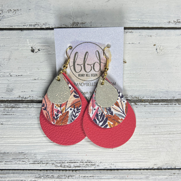 LINDSEY -  Leather Earrings  ||  <BR> SHIMMER GOLD, <BR> AUTUMN TROPICAL FLORAL, <BR> MATTE CORAL/PINK