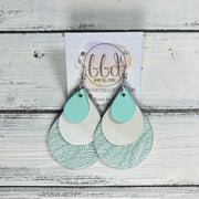 LINDSEY -  Leather Earrings  ||  <BR> MATTE AQUA SMOOTH, <BR> PEARL WHITE, <BR> AQUA & WHITE LEAVES