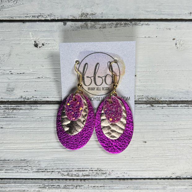 DIANE -  Leather Earrings  ||  <BR> SASSY PINK GLITTER (FAUX LEATHER), <BR> METALLIC ROSE GOLD BRAID, <BR> METALLIC NEON PINK PEBBLED