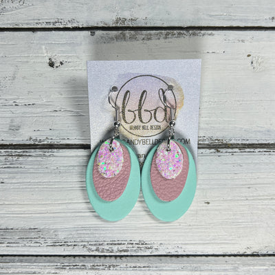 DIANE -  Leather Earrings  ||  <BR> COTTON CANDY GLITTER (FAUX LEATHER), <BR> MATTE LIGHT PINK, <BR> MATTE AQUA SMOOTH