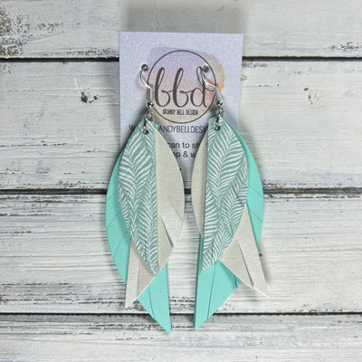 ANDY -  Leather Earrings  ||  <BR> AQUA & WHITE LEAVES, <BR> PEARL WHITE, <BR> MATTE AQUA SMOOTH