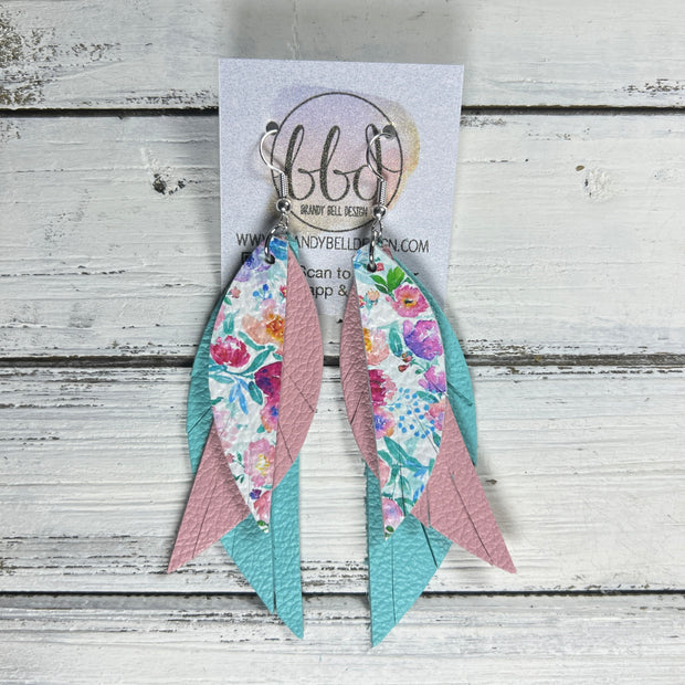 ANDY -  Leather Earrings  ||  <BR> TINY PINK & TURQUOISE FLORAL, <BR> MATTE LIGHT PINK, <BR> MATTE ROBINS EGG BLUE