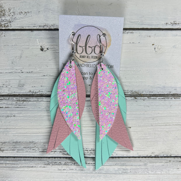 ANDY -  Leather Earrings  ||  <BR> COTTON CANDY GLITTER (FAUX LEATHER), <BR> MATTE LIGHT PINK, <BR> MATTE AQUA SMOOTH