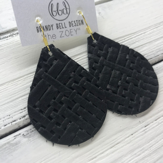 ZOEY (3 sizes available!) -  Leather Earrings  ||   MATTE BLACK PANAMA WEAVE