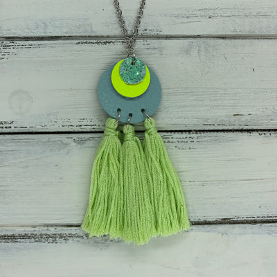 OOAK (One-of-a-Kind) Leather + Tassel Necklace || TOTAL TASSEL TAKEOVER <BR> AQUA MINT GLITTER, NEON YELLOW, PALE BLUE