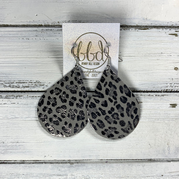 ZOEY (3 sizes available!) -  Leather Earrings  ||   GRAY & SILVER LEOPARD ANIMAL PRINT