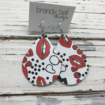 ZOEY (3 sizes available!) -  Leather Earrings  || WHITE WITH RED LIPS (pattern placement varies)