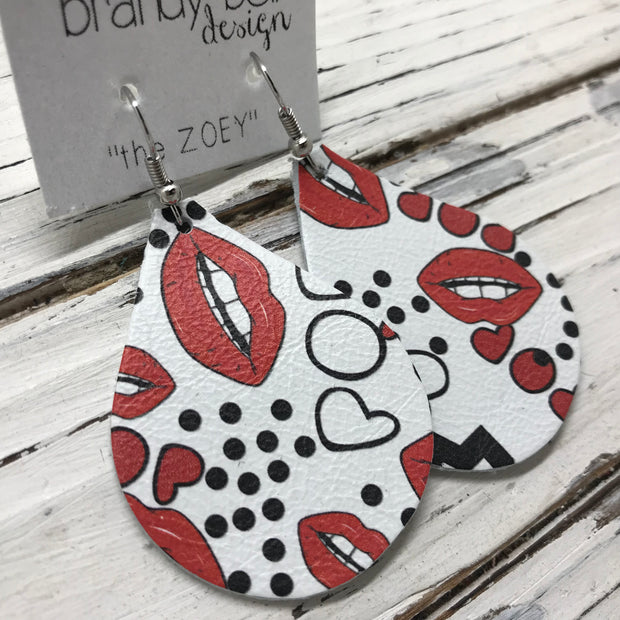 ZOEY (3 sizes available!) -  Leather Earrings  || WHITE WITH RED LIPS (pattern placement varies)