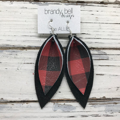 ALLIE -  Leather Earrings  || RED & BLACK BUFALO PLAID, SHIMMER BLACK