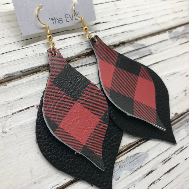EVE - Leather Earrings  || RED & BLACK BUFFALO PLAID, MATTE BLACK