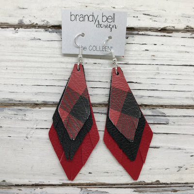 COLLEEN -  Leather Earrings  ||   BLACK & RED BUFFALO PLAID, MATTE BLACK, MATTE CANDY APPLE RED