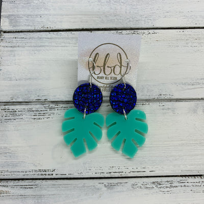 LIMITED EDITION PALM COLLECTION -  Leather Earrings  ||  <BR>  METALLIC COBALT CRACKLE, <BR> AQUA PALM LEAF