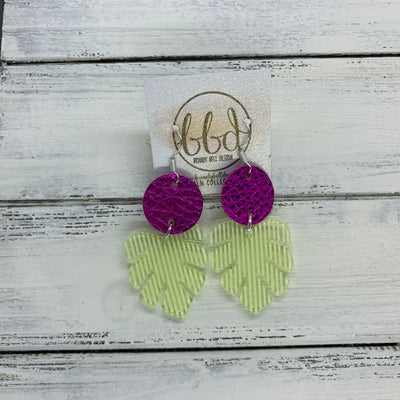 LIMITED EDITION PALM COLLECTION -  Leather Earrings  ||  <BR> METALLIC NEON PINK, <BR> GREEN STRIPE PALM LEAF