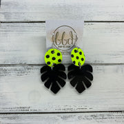 LIMITED EDITION PALM COLLECTION -  Leather Earrings  ||  <BR>  NEON YELLOW POLKADOTS, <BR> BLACK PALM LEAF